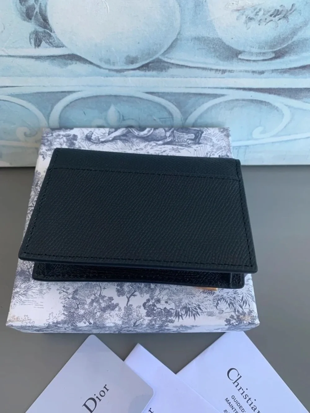 Dior Black Leather Compact Flap Wallet with Gold 'D' Charm